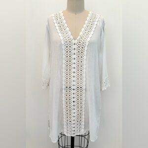 Blue Island Beach Tunic/Swim Cover-Up Resort White Cotton Crochet Details L